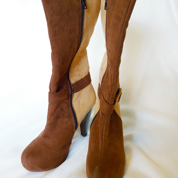 Knee High Cuffed Tan Suede High Heel Boots - Sz. 7 - Picture 3 of 7